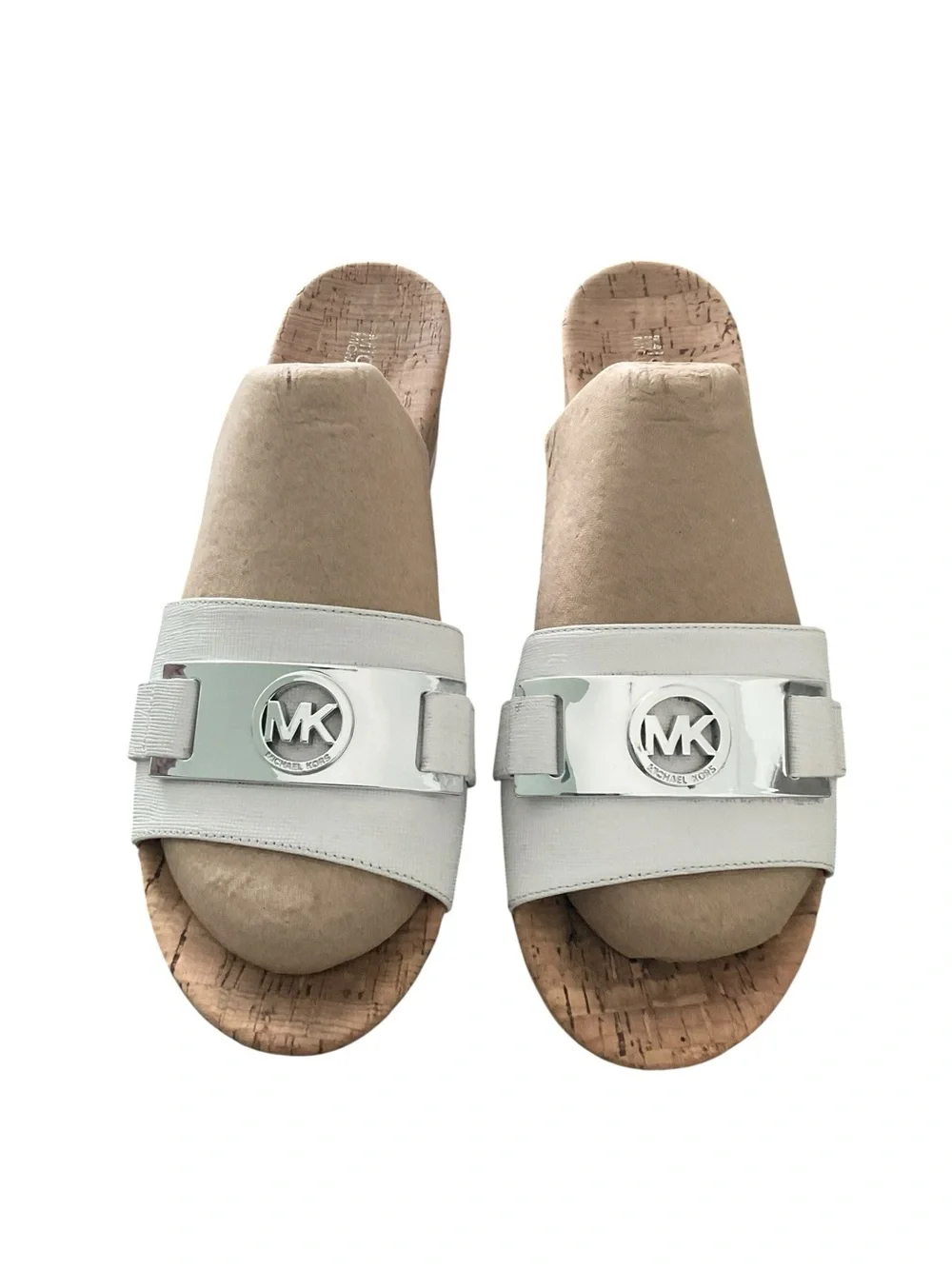 Michael Kors WARREN Platform Wedge Cork/White Sandals with MK Logo Size 8.5